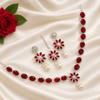 Premium Glamorous Red Stone and Pearl Jewelry Set (Complete Set with Necklace, Earrings, and Tikka)